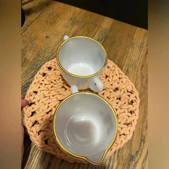 Vintage Fire-King Milk Glass Cups – Rose Motif & Gold Rim (Set of 2) - Picture 6 of 9